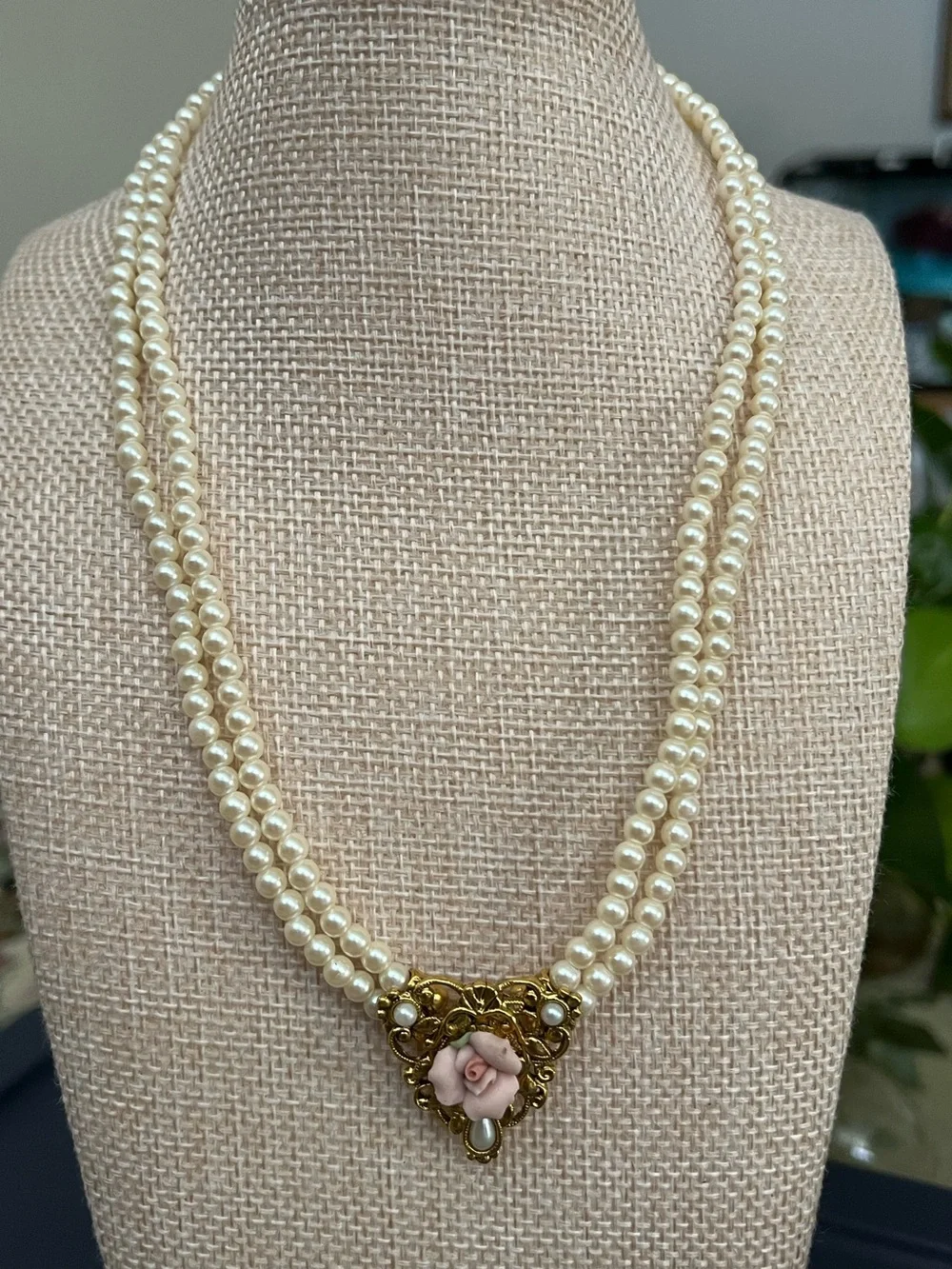 1928 Gold-Tone Double Pearl Necklace with Pink Rose Accent